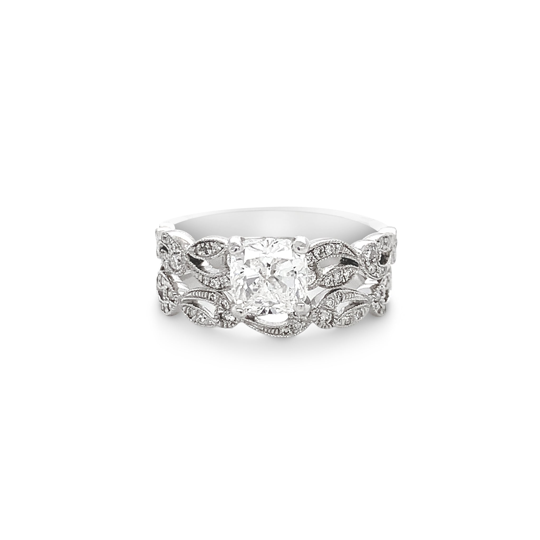 14KT White Gold 1.68 Carat Total Weight Cushion Cut Micro Pave Wedding Set