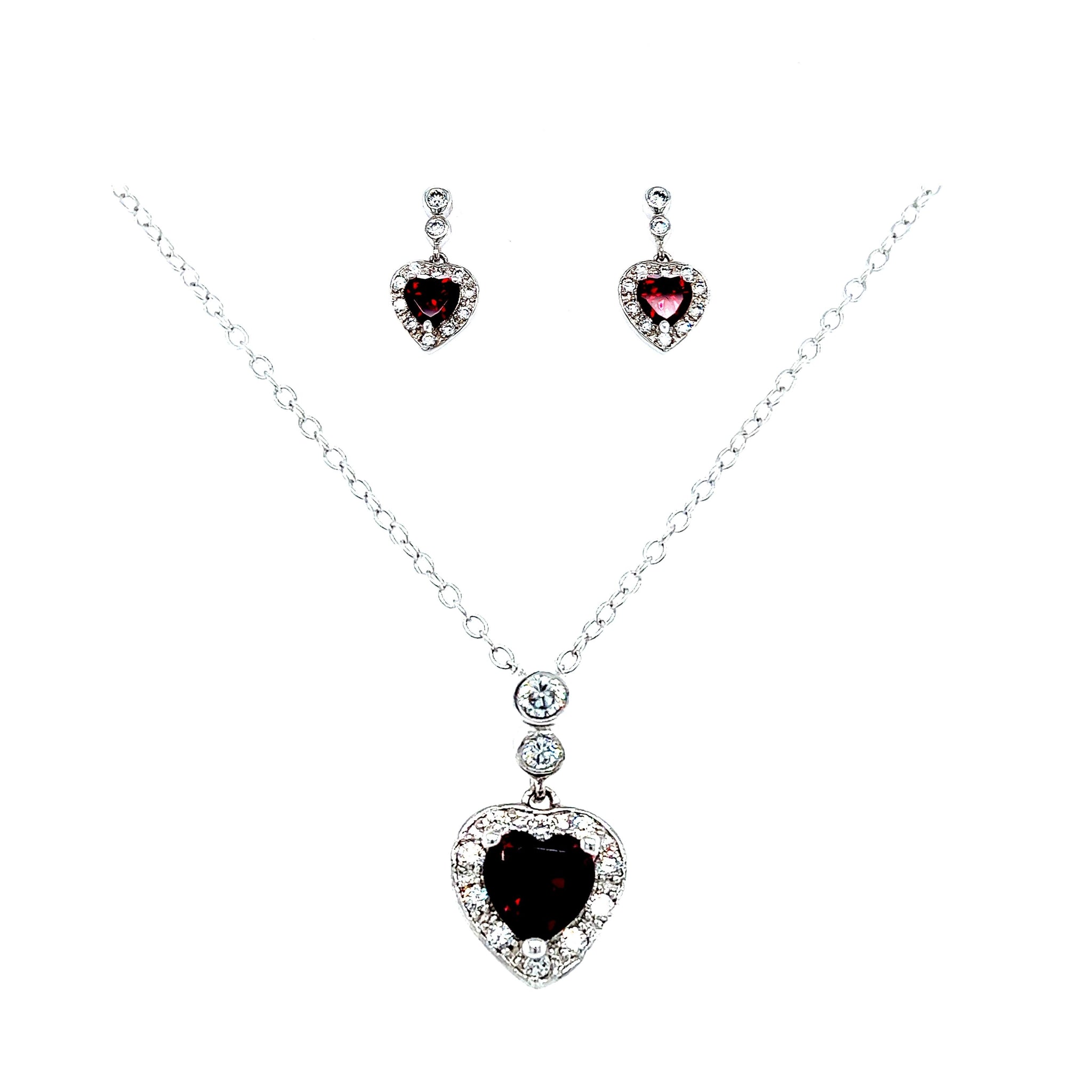 Sterling Silver Red & White Cubic Zirconia Heart Pendant & Earring Set