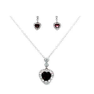 Sterling Silver Red & White Cubic Zirconia Heart Pendant & Earring Set