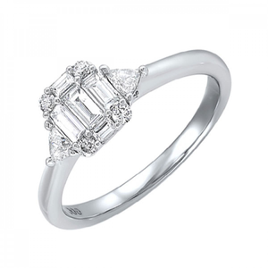 14KT White Gold Round Brilliant and Baguette Mosaic Diamond Ring